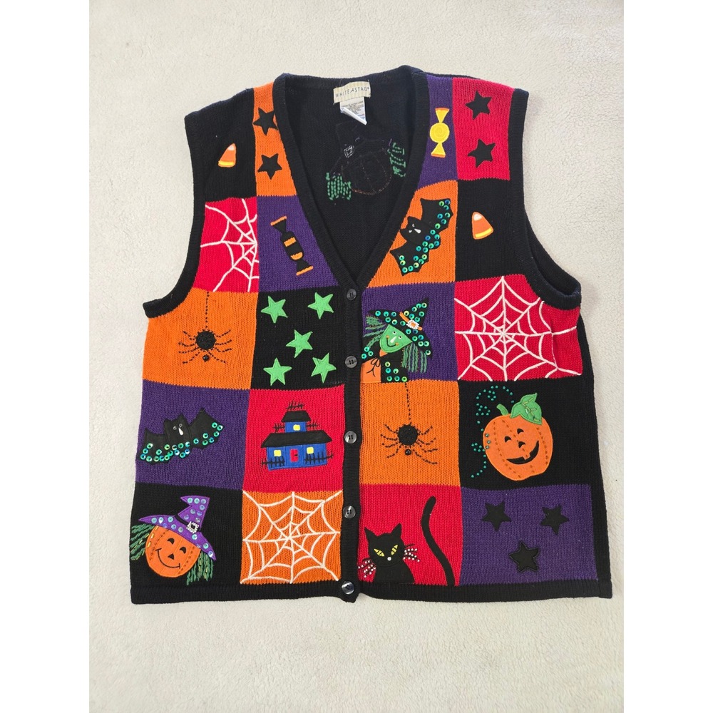 Vintage Halloween Patchwork Sweater Vest XL Black Cat Pumpkin Sequin Spooky